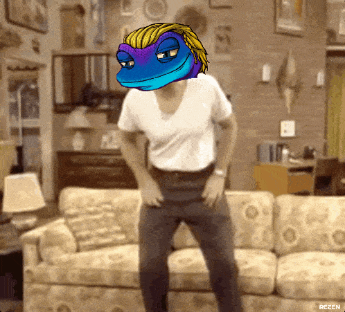a man with a lizard head is dancing in a living room