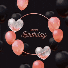 a happy birthday card with pink and black balloons in a circle
