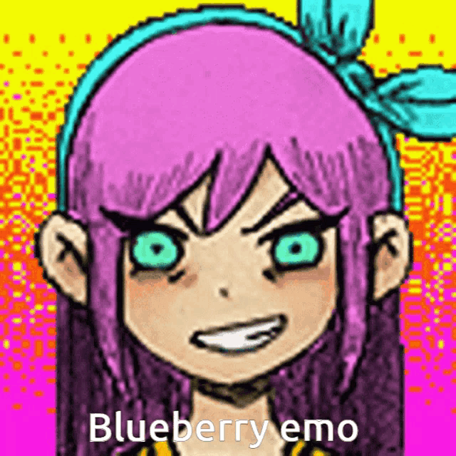 a pixel art drawing of a girl with purple hair and blue eyes with the words blueberry emo written below her .