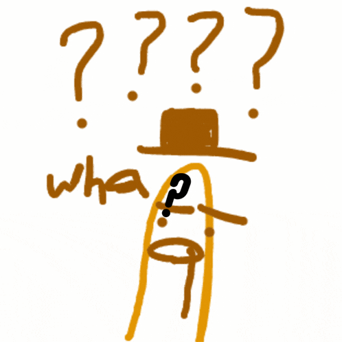 a drawing of a trombone with a hat and a bunch of question marks