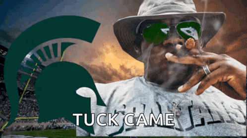 a man wearing a hat and sunglasses is smoking a cigar with the name tuck came behind him