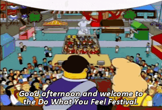 a cartoon scene with the words " good afternoon and welcome to the do what you feel festival " at the top