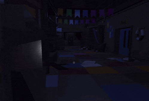 a dark hallway with a pool sign on the wall