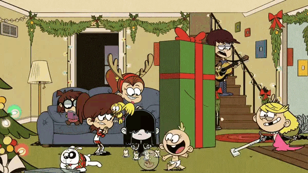 a group of cartoon characters are celebrating christmas in a living room .