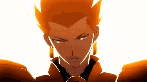 a close up of a cartoon character with orange hair and red eyes on a white background .