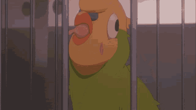 a cartoon parrot is behind bars with its tongue hanging out