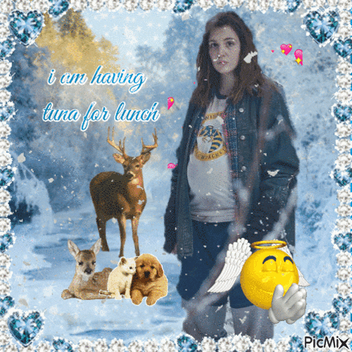 a picture of a woman and animals with the words i am having luna for lunch on it