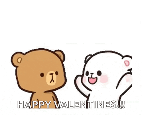a couple of teddy bears are standing next to each other and saying `` happy valentines '' .