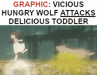 a graphic of a girl running away from a hungry wolf