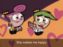 a couple of cartoon characters with the words she makes me happy below them