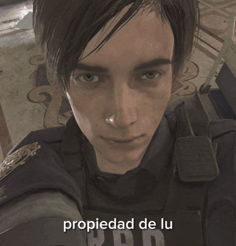 a man with a pink heart on his face and the words propiedad de lu below
