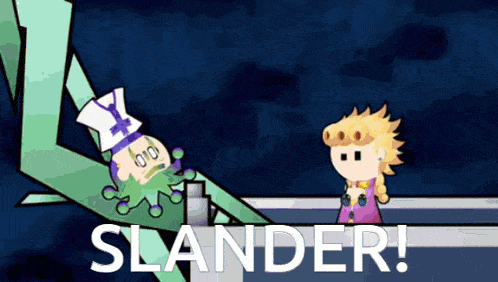 a cartoon character with the word slander written in white