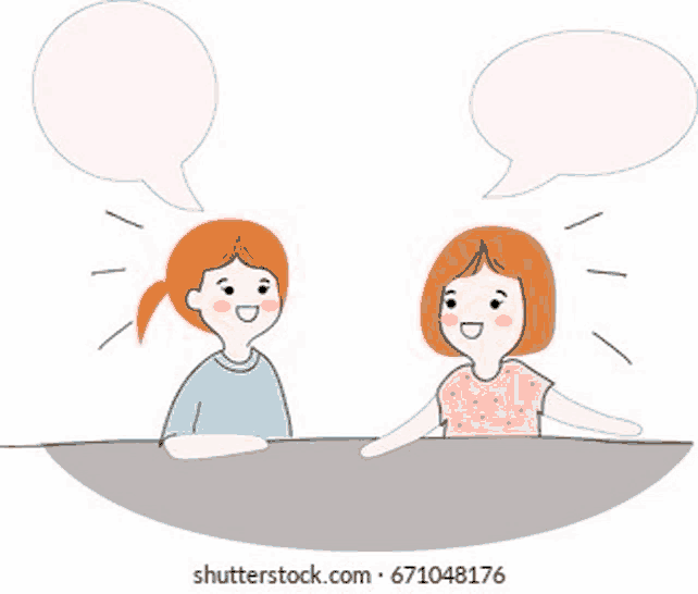 a boy and a girl are sitting at a table talking to each other with speech bubbles .