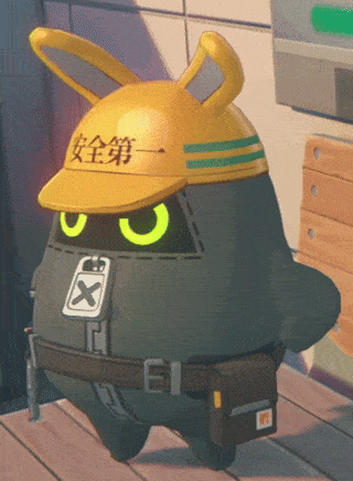 a cartoon character wearing a yellow hard hat with chinese characters on it