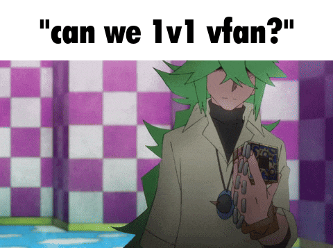 a cartoon character holding a card with the words " can we lv1 vfan ? " above him