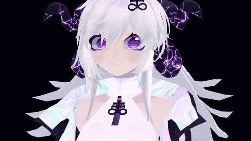 a girl with white hair and purple eyes has an infinity symbol on her shoulder