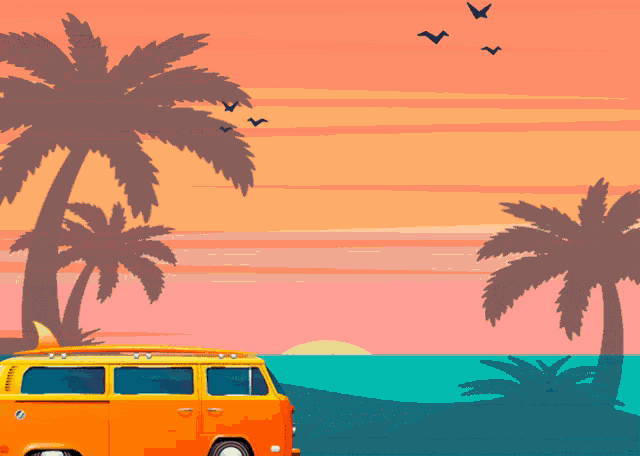 an orange van with a surfboard on top of it is parked on the beach at sunset