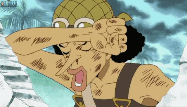 a cartoon of a man covering his eyes with his hand and the word one piece is on the bottom right