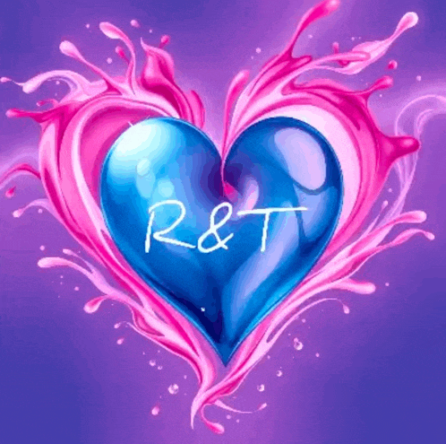 a blue heart with the letter r and t written on it