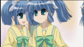 a couple of anime girls with blue hair and green bows