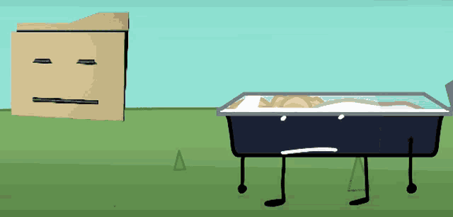 a cardboard box with a face is next to a coffin
