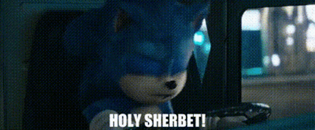 sonic the hedgehog is sitting in a car with the words `` holy sherbet '' written on the screen .
