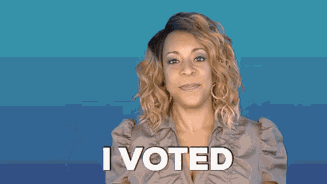 a woman is saying i voted in front of a blue background .