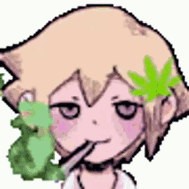 a pixel art drawing of a girl smoking a cigarette with a marijuana leaf on her head .