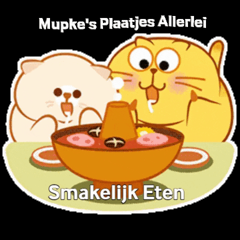 two cartoon cats are sitting at a table with a bowl of food and the words smakelijk eten written below them