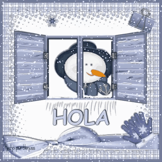a picture of a snowman looking out of an open window with the word hola written on it