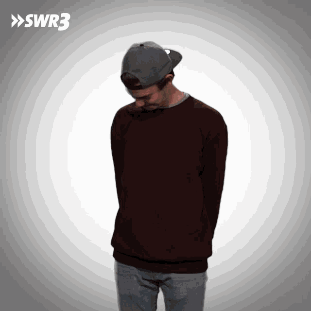 a man wearing a baseball cap and a maroon sweater is standing in front of a white background with swr3 written on it