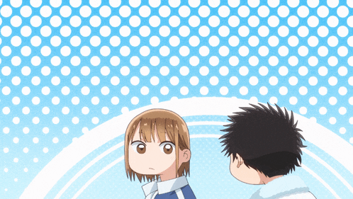 a boy and a girl are standing next to each other on a blue background with white dots