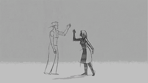 a drawing of a man and a woman standing next to each other .