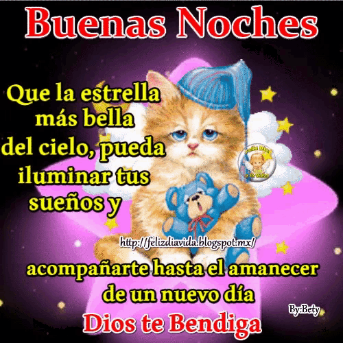 a picture of a cat with a teddy bear and the words " buenas noches " at the top