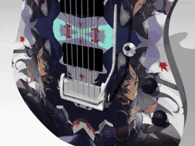 a guitar with a picture of a girl with a cat ear on it