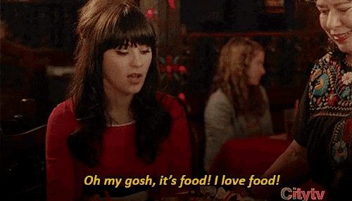 a woman in a red dress says oh my gosh it 's food