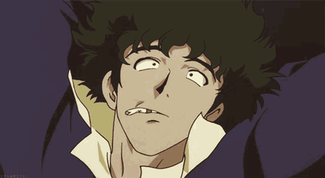 a close up of a cowboy bebop character with a purple background