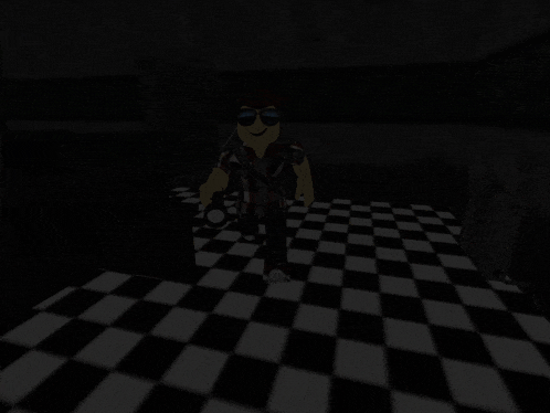 a cartoon character standing on a checkered floor