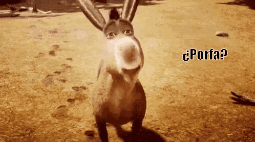 a cartoon donkey is standing in a field with the words ¿porfa? written on the bottom