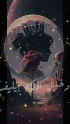 a painting of a woman wearing a crown with arabic writing on it