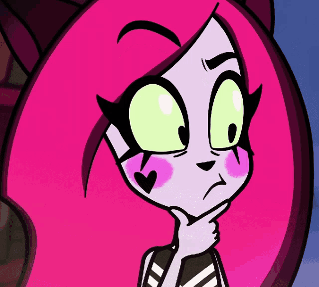 a cartoon character with pink hair and green eyes has her hand on her chin
