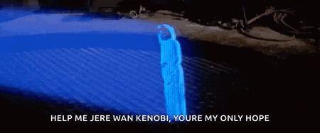 a blue light is shining on a person with the words help me jere wan kenobi youre my only hope