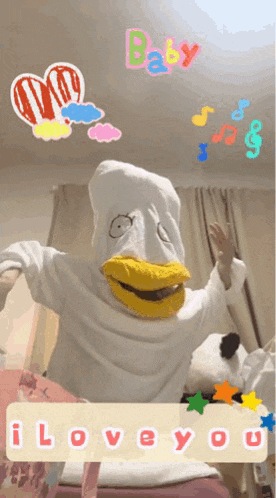 a person in a duck costume with the words i love you on the bottom right