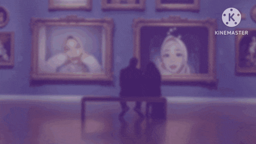 a couple sitting on a bench in front of a wall of paintings with the name riekaze on the bottom right