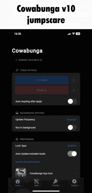 a screenshot of a cowabunga v10 jumpscare app on a phone