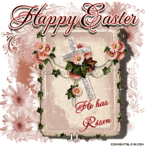a happy easter card with flowers and a cross on it