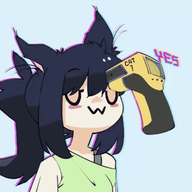 a cartoon drawing of a girl holding a thermometer that says cat on it