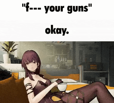 a woman is sitting on a couch holding a cup of coffee and a gun .