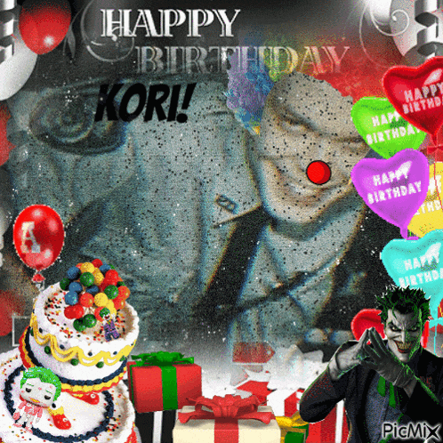 a birthday greeting for kori with balloons and gifts