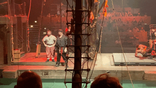 a group of men are standing on a stage in front of a crowd watching a pirate show